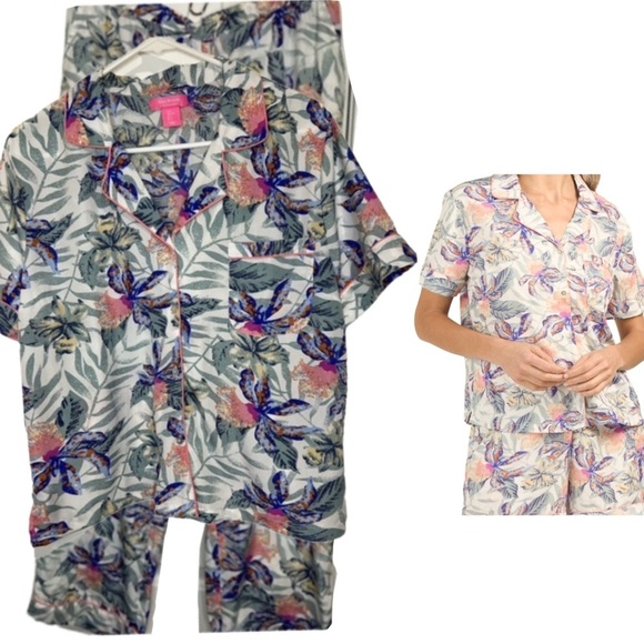 Isaac Mizrahi Sleepwear 2pc Tropical Floral Short Sleeve Pajamas Pj’s Set Sz L - Picture 12 of 13